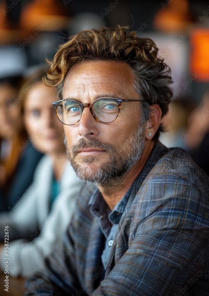 A man with glasses and a beard is sitting at a table with other people A man with glasses and a beard is sitting at a table with other people