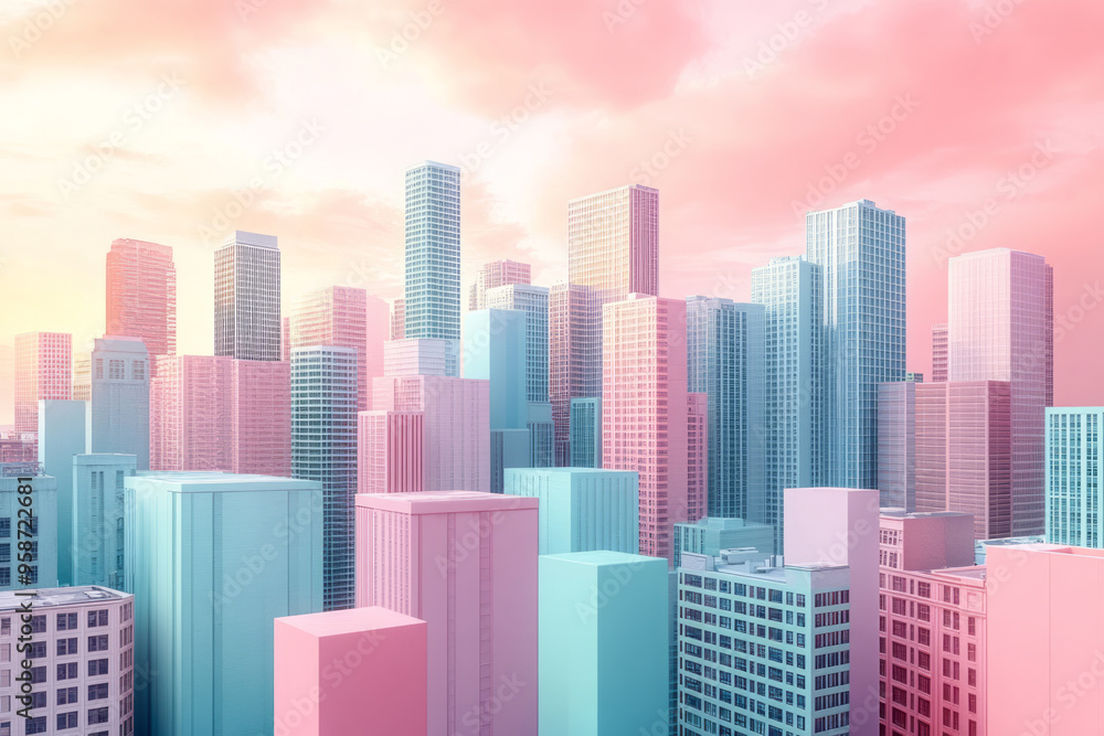 A minimalist city skyline with buildings represented by simple squares and rectangles in pastel green and blue tones, isolated on a pastel pink background, A minimalist city skyline with buildings represented by simple squares and rectangles in pastel green and blue tones, isolated on a pastel pink background,