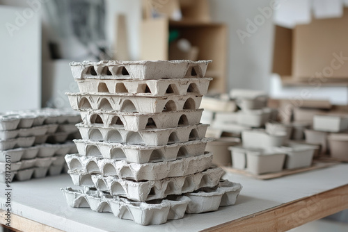 Stacks of biodegradable egg cartons in a warehouse or storage room, emphasizing sustainability in food packaging with an industrial touch. The focus is on storage and distribution. photo