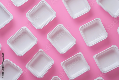 White square biodegradable containers are neatly arranged on a bright pink background. The simple design of the containers highlights their clean and eco-friendly features.

 photo