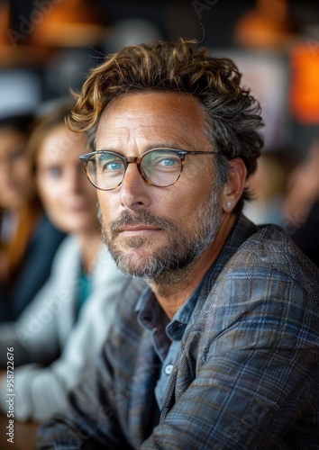 A man with glasses and a beard is sitting at a table with other people photo