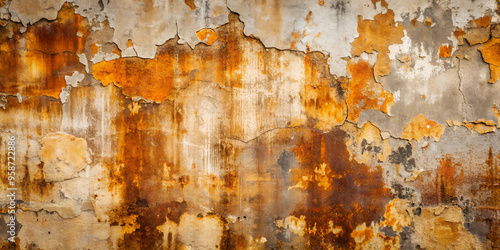 Detailed Background of Rusty Damage on Concrete Wall Surface: Showcasing Weathered, Corroded Texture with Industrial Wear.