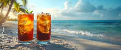 “Two Tropical Drinks on the Beach with an Ocean View in a Paradise Setting, Capturing the Essence of Relaxation, Vacation, and Exotic Getaways, Perfect for Themes of Summer, Leisure, and Beachside Esc