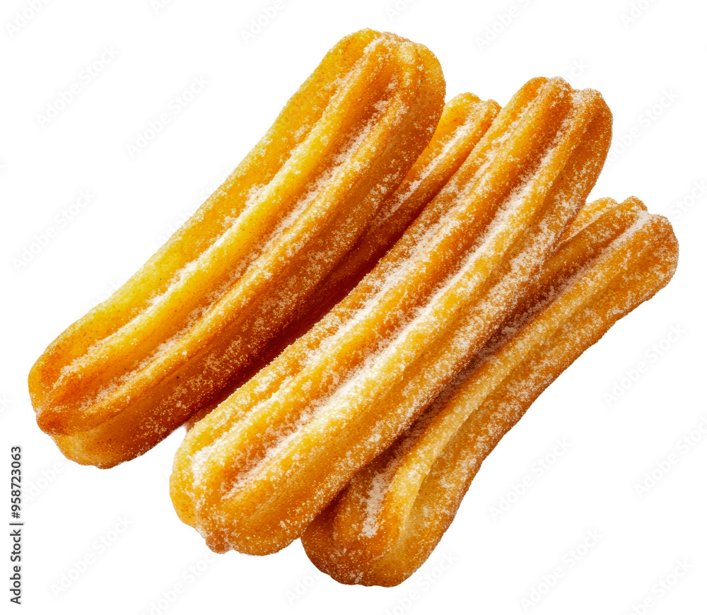 Delicious golden churros dusted with sugar, cut out - stock png. Delicious golden churros dusted with sugar, cut out - stock png.