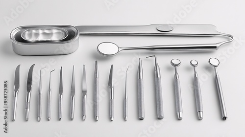 A set of dental instruments placed on a light-sensitive surface creating a photogram with clean sharp shadows and well-defined outlines Stock Photo with copy space