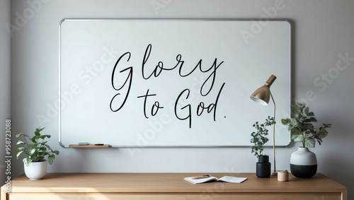 Glory to God cursive word written on whiteboard minimalist concept