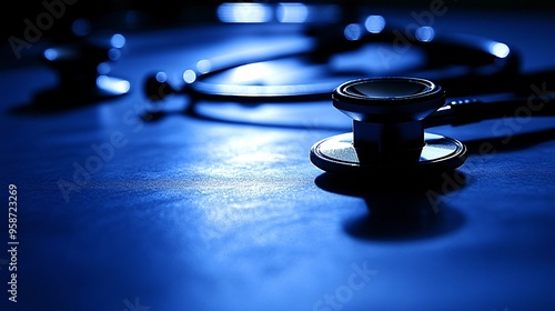 Photogram of a stethoscope in various positions capturing the curves and details through its shadow on a light-sensitive surface Stock Photo with copy space photo