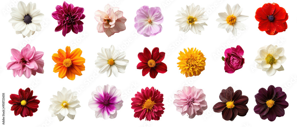 Top view, collection of various flowers showcasing their unique colors and shapes isolate on transparent background, cutout, png Top view, collection of various flowers showcasing their unique colors and shapes isolate on transparent background, cutout, png