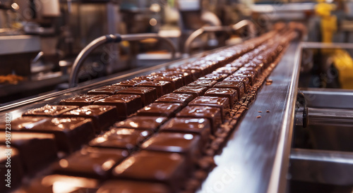 Uma esteira transportadora brilhante repleta de fileiras de chocolates recém-fabricados passando por um sistema automatizado em uma fábrica, ilustrando eficiência e precisão na produção moderna de ch photo