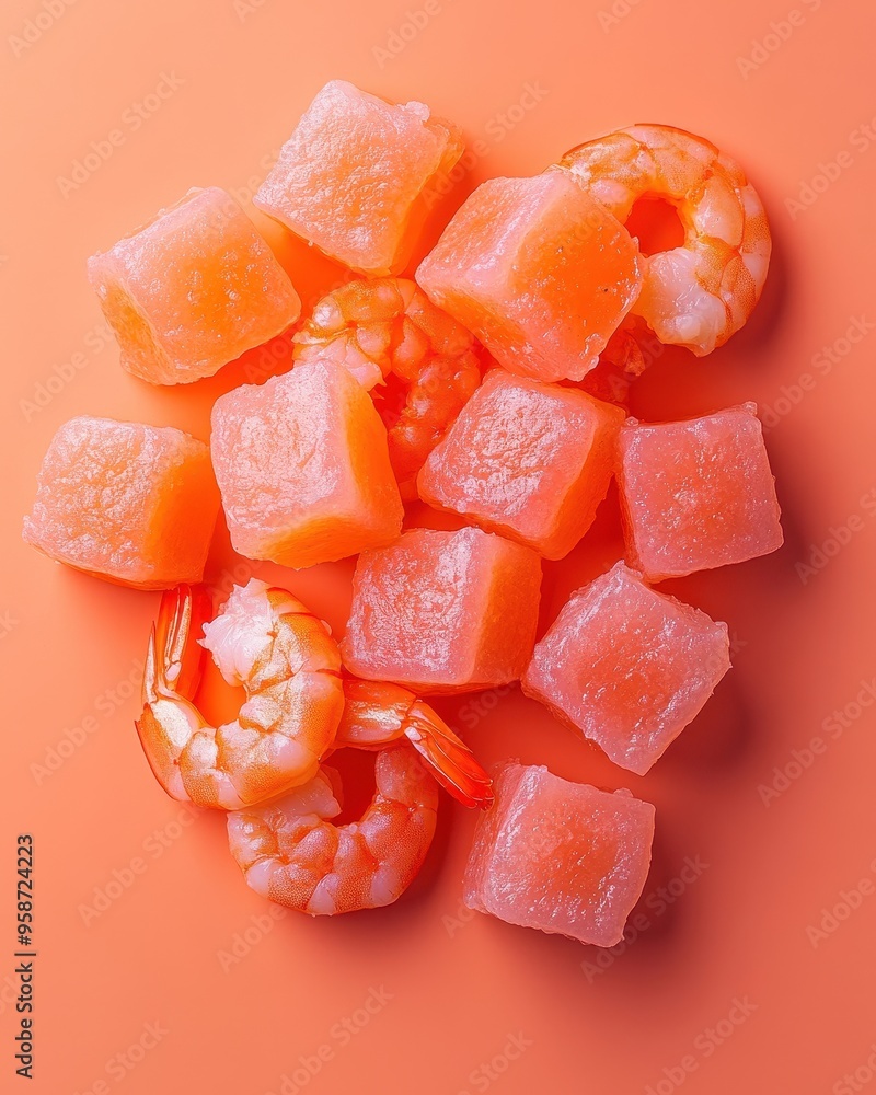Fresh shrimp and salmon cubes arranged elegantly on a vibrant orange background, perfect for culinary designs. Fresh shrimp and salmon cubes arranged elegantly on a vibrant orange background, perfect for culinary designs.