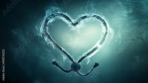 Silhouette of a stethoscope coiled into a heart shape on a light-sensitive surface creating a symbolic photogram Stock Photo with copy space photo