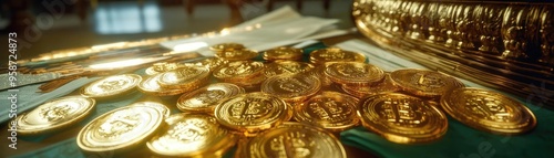 A close-up view of shining gold coins arranged artistically, symbolizing wealth and prosperity in an elegant setting.