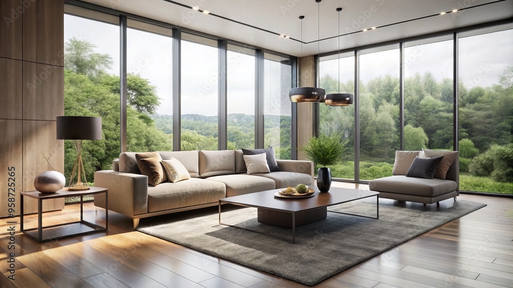 Sleek, minimalist living room with low-profile sofa, geometric coffee table, and floor-to-ceiling windows, showcasing Sleek, minimalist living room with low-profile sofa, geometric coffee table, and floor-to-ceiling windows, showcasing