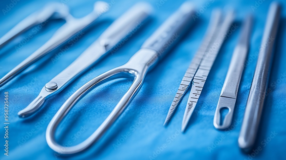 Photogram featuring the detailed silhouette of a medical instrument set including tweezers and a scalpel Stock Photo with copy space Photogram featuring the detailed silhouette of a medical instrument set including tweezers and a scalpel Stock Photo with copy space