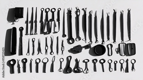 Photogram of a set of surgical tools arranged in a fan shape casting precise shadows on a light-sensitive surface Stock Photo with copy space photo