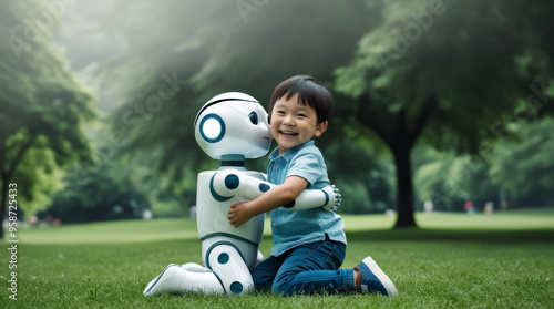 Cute robot hugs a laughing child in a city park against a background of green spaces
