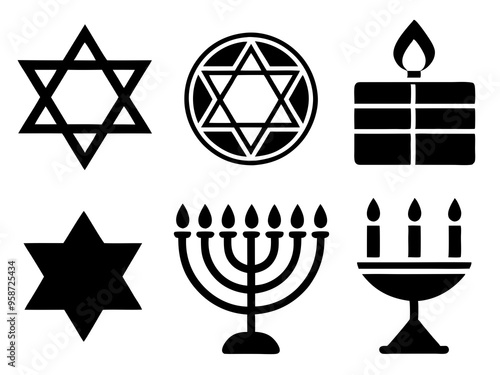 Star of David Hanukkah logo icon set with silhouettes