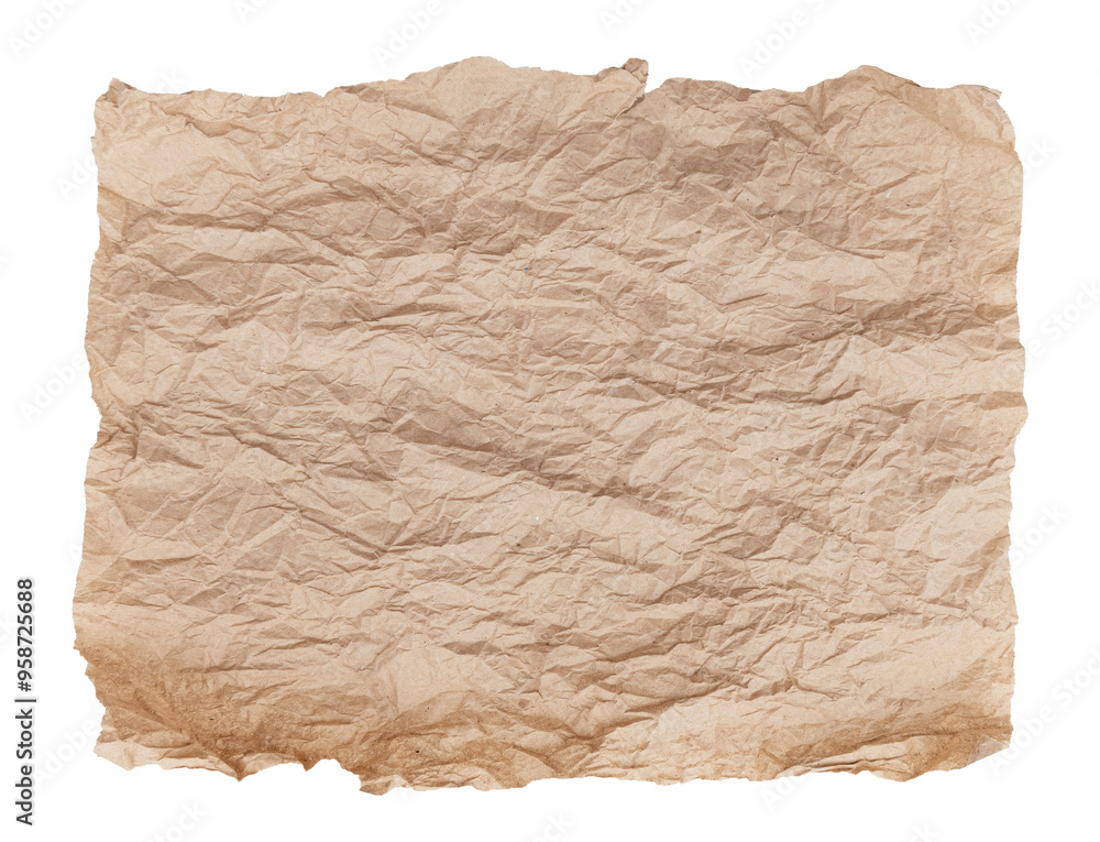 A sheet of old yellowed crumpled paper on a white background. Isolate paper A sheet of old yellowed crumpled paper on a white background. Isolate paper