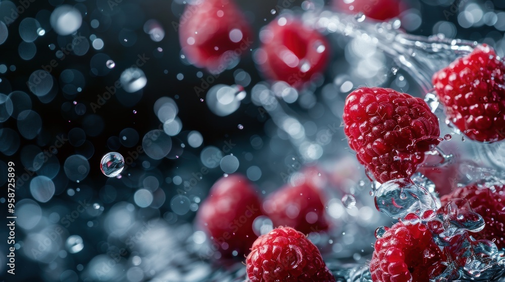 Fresh raspberry fruit with water splash Fresh raspberry fruit with water splash