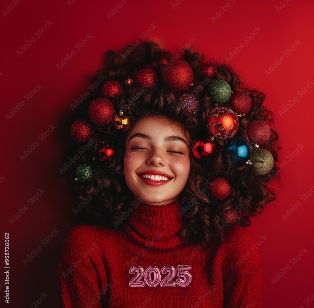 Christmas and New Year card concept. New Year is a beautiful happy girl with a hairstyle decorated with Christmas decorations. A wonderful Christmas New Year portrait of the new year. Christmas and New Year card concept. New Year is a beautiful happy girl with a hairstyle decorated with Christmas decorations. A wonderful Christmas New Year portrait of the new year.