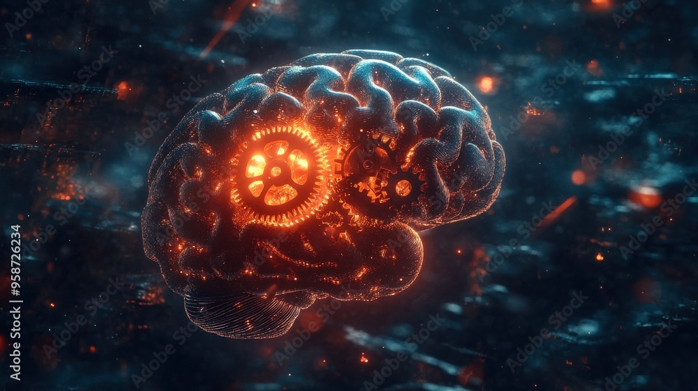 This artwork features a luminous brain intertwined with intricate gears, symbolizing the fusion of intelligence and technology, set against a dynamic, abstract background