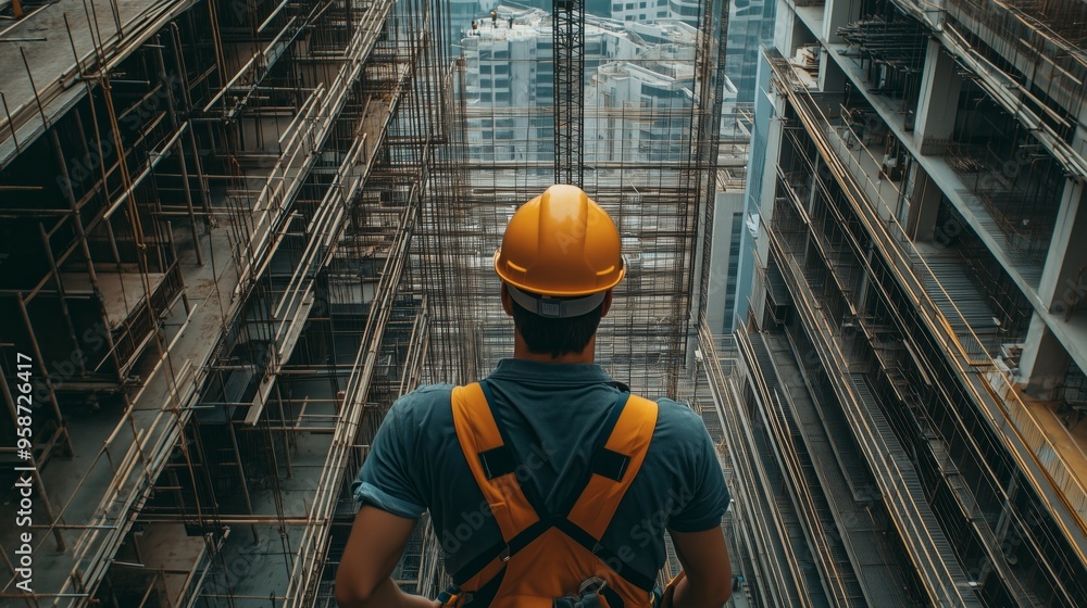 Fototapeta premium Engineer technician watching team of workers on high steel platform,Engineer technician Looking Up and Analyzing an Unfinished Construction Project.
