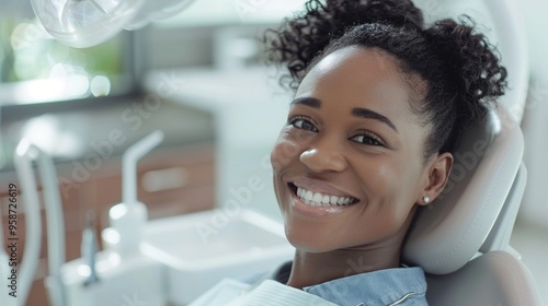 Radiant smile illuminates dental office as patient relaxes in chair, showcasing confidence and satisfaction with oral care experience.