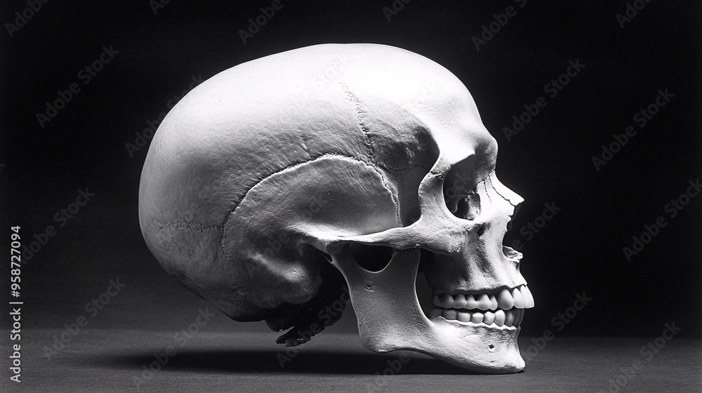 Photogram of a human skull model placed in profile view casting a shadow that highlights its detailed structure Stock Photo with copy space Photogram of a human skull model placed in profile view casting a shadow that highlights its detailed structure Stock Photo with copy space