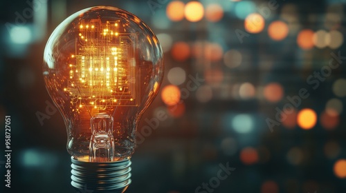 A transparent lightbulb embodies a complex circuit inside, casting a warm glow against a softly blurred backdrop filled with glowing lights, creating a visually captivating effect