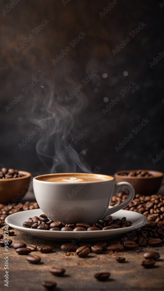 A cup of fragrant coffee is on the table Coffee beans are scattered around Morning drink, cozy atmosphere. A cup of fragrant coffee is on the table Coffee beans are scattered around Morning drink, cozy atmosphere.