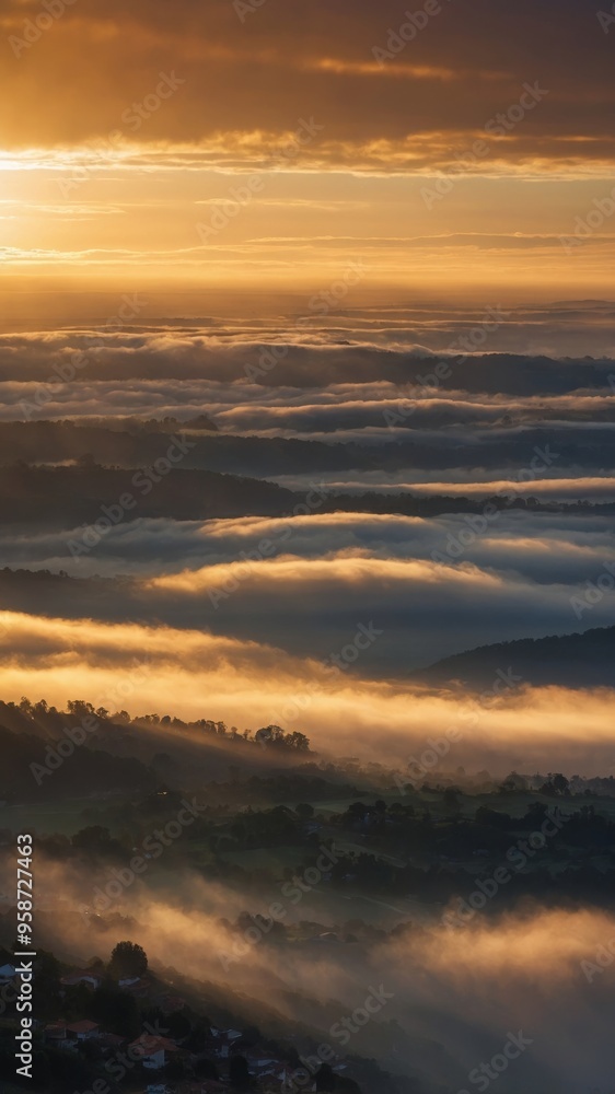 heavenly dawn breathtaking sunrise sky with dramatic rays of golden light piercing through layered clouds creating a celestial spectacle above misty landscape. heavenly dawn breathtaking sunrise sky with dramatic rays of golden light piercing through layered clouds creating a celestial spectacle above misty landscape.