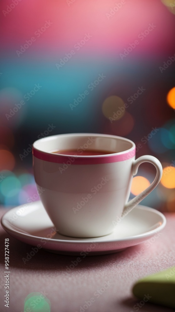A white cup with a pink rim sits on a plate with a colorful background. A white cup with a pink rim sits on a plate with a colorful background.