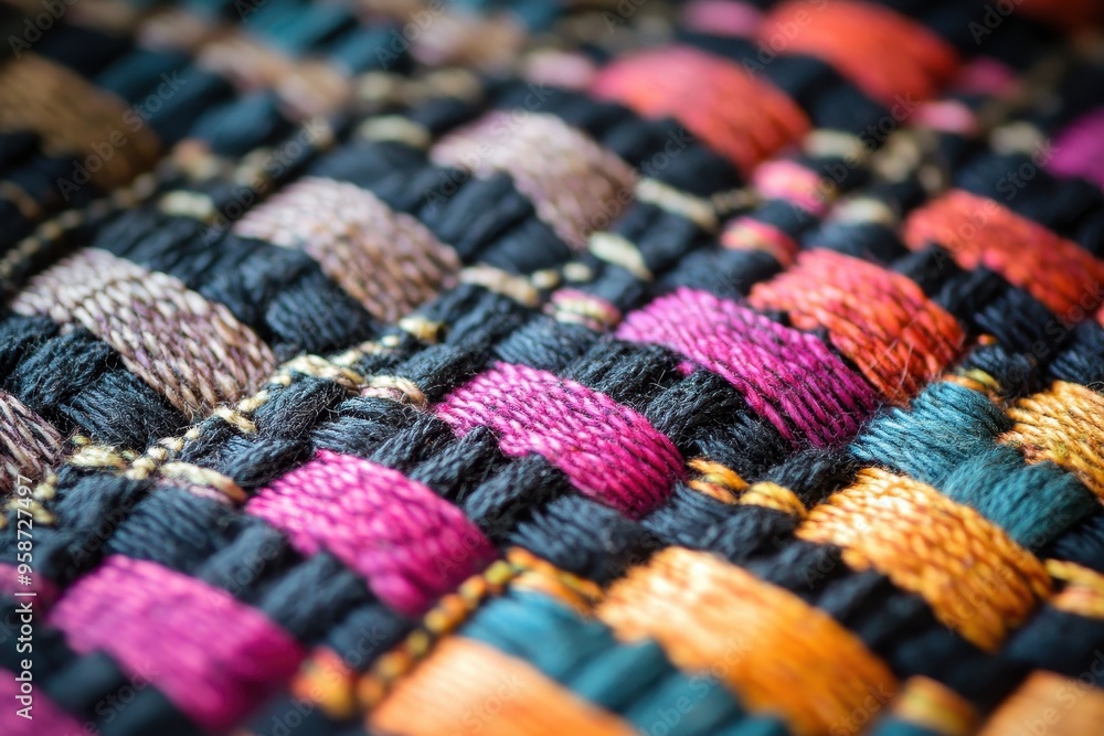 Close-up of a Multicolored Woven Fabric with a Focus on Pink and Black Strands Close-up of a Multicolored Woven Fabric with a Focus on Pink and Black Strands