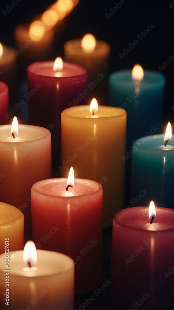 A row of candles are lit up in a dark room. A row of candles are lit up in a dark room.