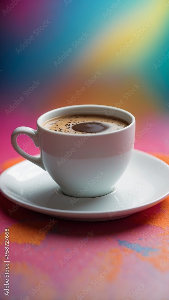 A white coffee cup sits placed on a white plate placed on a colorful background. A white coffee cup sits placed on a white plate placed on a colorful background.