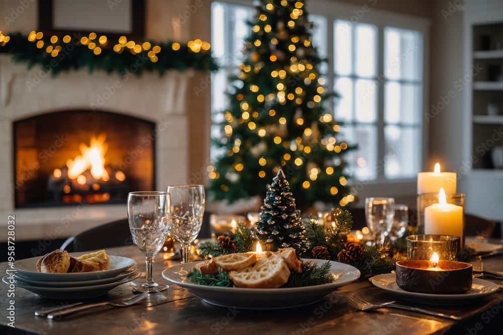 Holiday table with christmas tree and fireplace with copy space Holiday table with christmas tree and fireplace with copy space