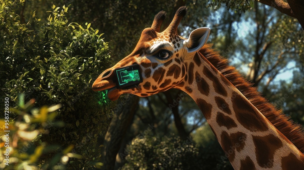 Fototapeta premium Giraffe with Futuristic Device in a Lush Forest