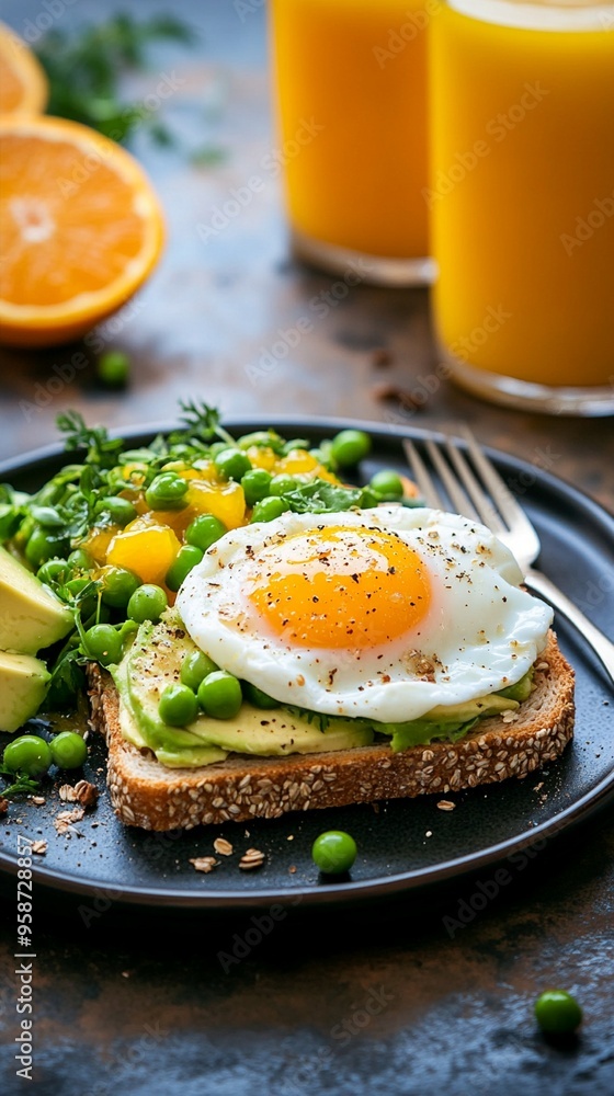 Vibrant and nutritious breakfast featuring avocado toast topped with a perfectly fried egg, accompanied by fresh orange juice and colorful vegetables on a rustic table. Vibrant and nutritious breakfast featuring avocado toast topped with a perfectly fried egg, accompanied by fresh orange juice and colorful vegetables on a rustic table.