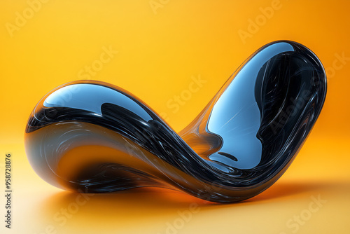 A twisting, fluid wave structure with a polished black finish, curving gracefully, isolated on a pastel yellow background,
