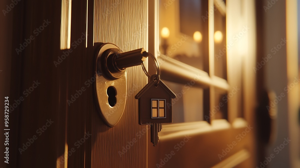 A Key Hanging on the Door Symbolizing Home and New Beginnings A Key Hanging on the Door Symbolizing Home and New Beginnings