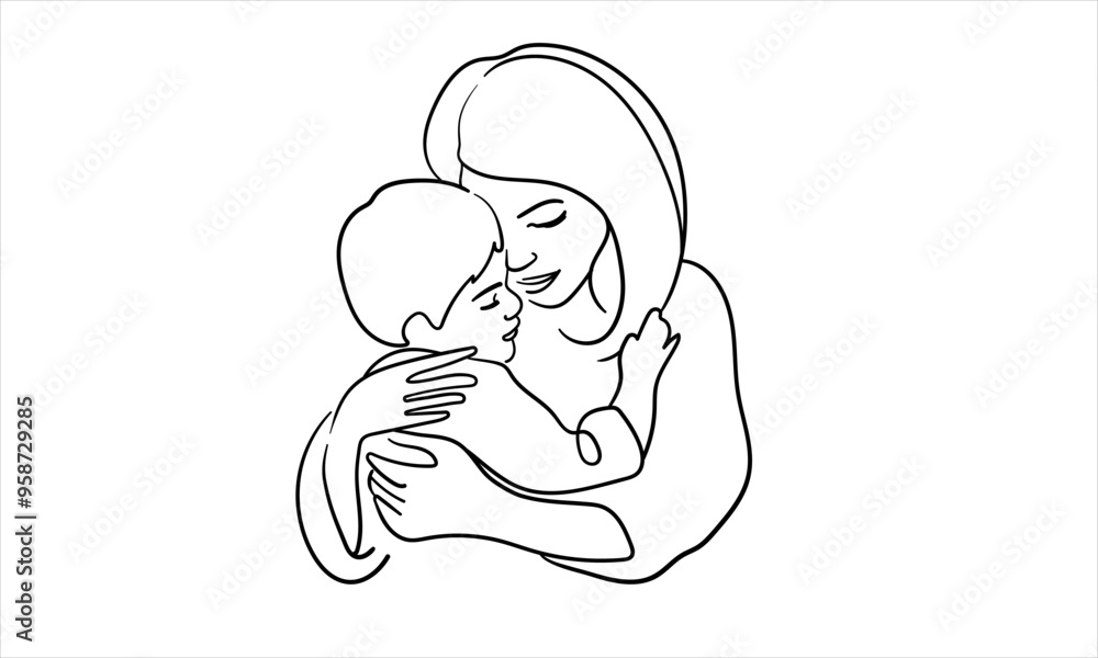Mother hugs child continuous line art drawing isolated on white background. Mom and son. Vector illustration Mother hugs child continuous line art drawing isolated on white background. Mom and son. Vector illustration