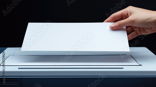 A hand placing a blank paper sheet on a printer tray, ready for printing documents or images. photo