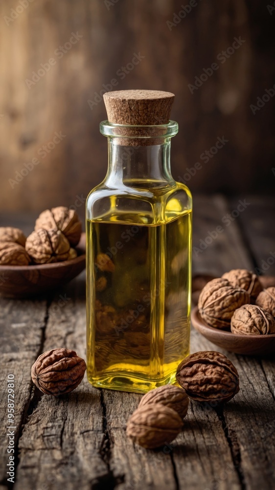 Walnut oil bottle with nuts on rustic table. Walnut oil bottle with nuts on rustic table.