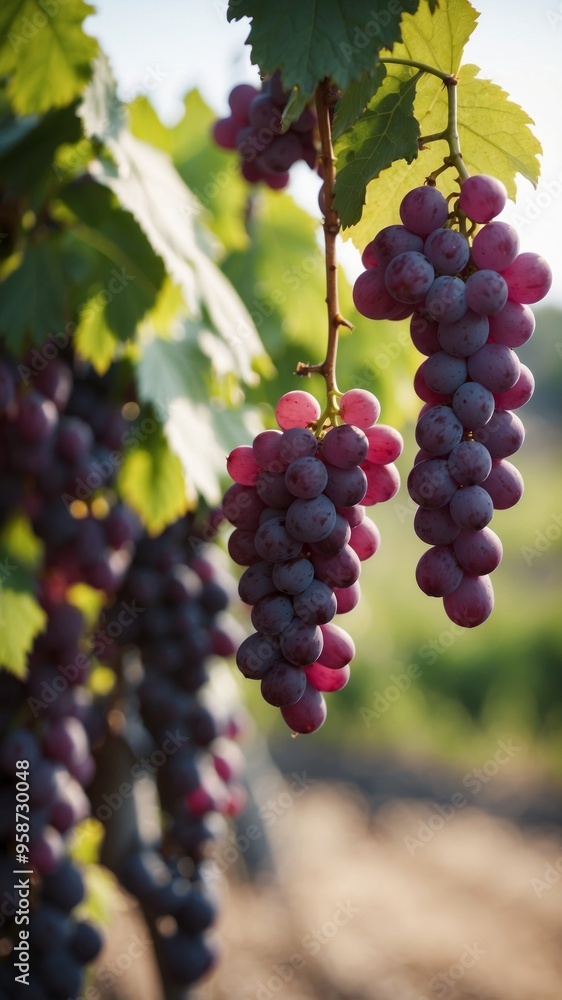 A bunch of purple grapes hanging from a vine in a vineyard. A bunch of purple grapes hanging from a vine in a vineyard.