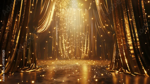Golden glitter curtain background with bokeh effect and spotlight. 