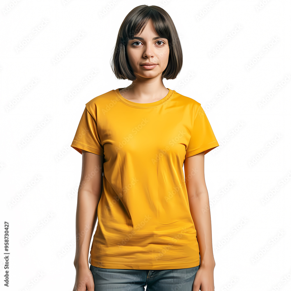 A young Hispanic woman stands confidently in a bright yellow shirt, showcasing a neutral expression against a plain white background. A young Hispanic woman stands confidently in a bright yellow shirt, showcasing a neutral expression against a plain white background.