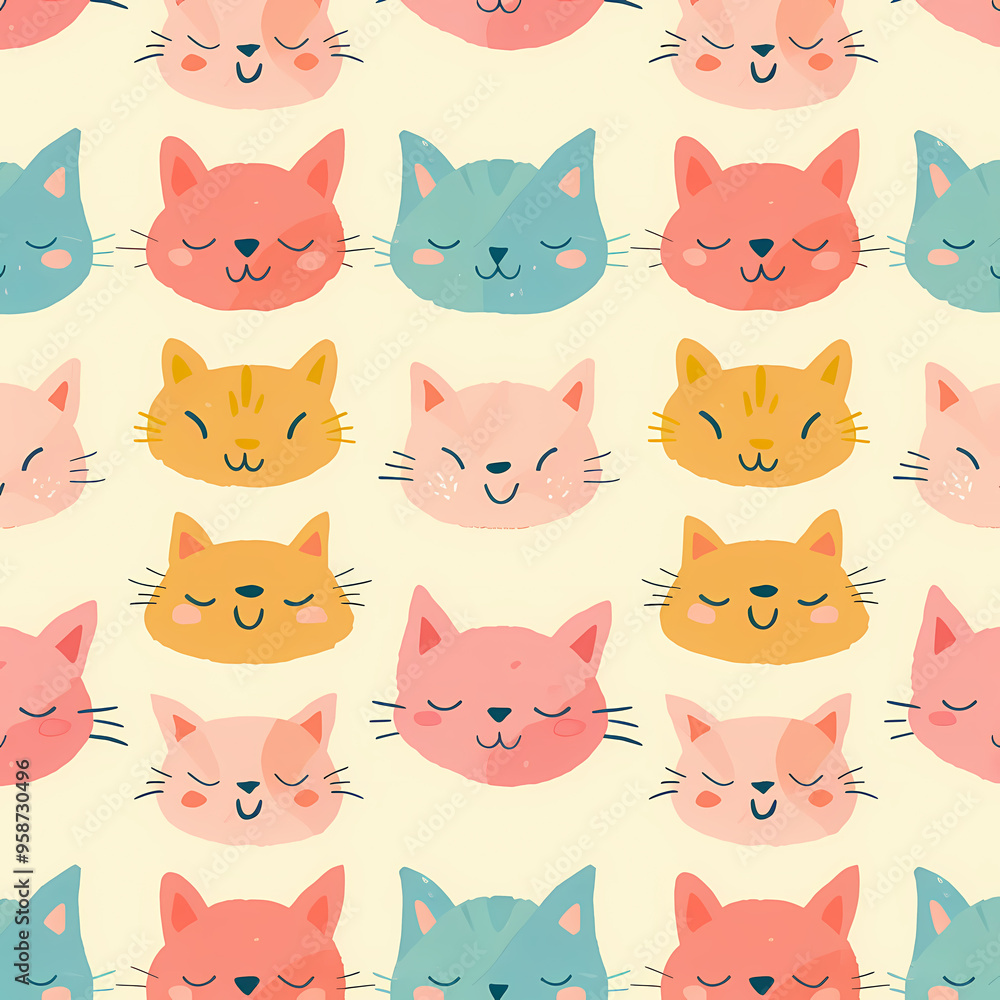 Colorful and playful cat faces featured in a cheerful repeating pattern, showcasing a variety of expressions and colors. Colorful and playful cat faces featured in a cheerful repeating pattern, showcasing a variety of expressions and colors.