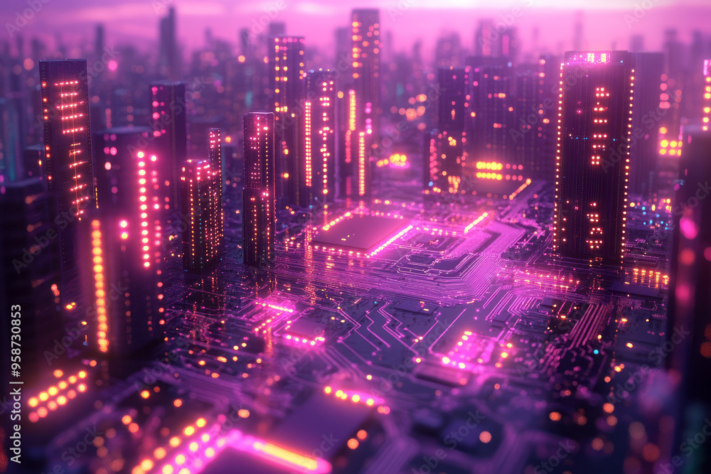 Elevated, glowing chip structures in purple and teal, forming a futuristic circuit skyline, isolated on a pastel lavender background, Elevated, glowing chip structures in purple and teal, forming a futuristic circuit skyline, isolated on a pastel lavender background,