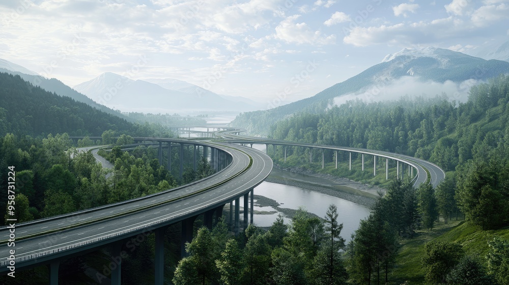 Elegant road bridges at various levels, stretching across a realistic landscape of rivers and forests, creating a stunning visual Elegant road bridges at various levels, stretching across a realistic landscape of rivers and forests, creating a stunning visual