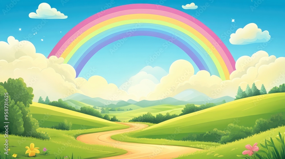 A rainbow over a tranquil countryside scene with rolling hills, a winding road, and a few scattered clouds in the sky A rainbow over a tranquil countryside scene with rolling hills, a winding road, and a few scattered clouds in the sky